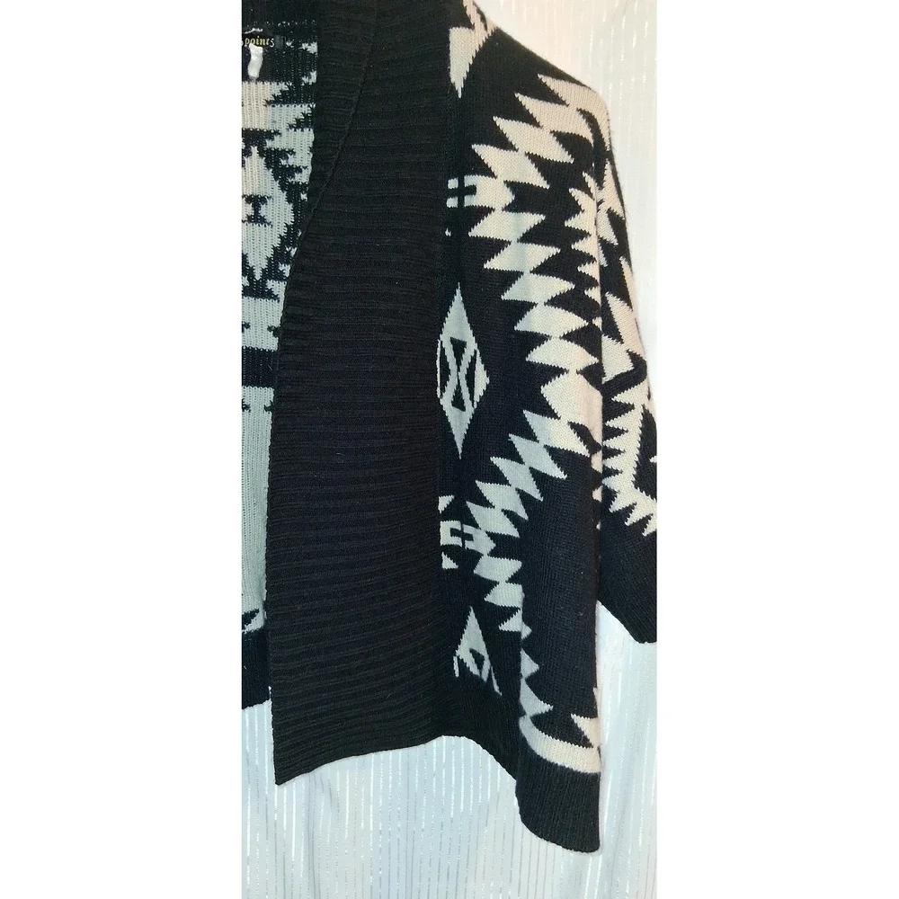36 POINTS Black White Geometric Aztec Print Open Front Cardigan Sweater Womens L